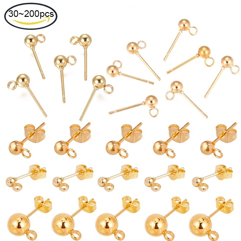 

30-200PCS Hypoallergenic Stainless Steel Stud Earrings with Ear Nuts 0.7mm Pin Earring Components Ball Post Earrings