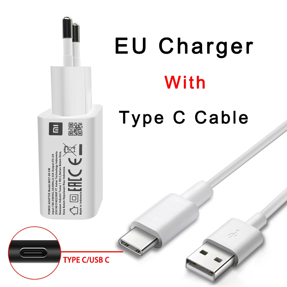 MDY-09-EW Original Xiaomi USB Charger 5V/2A EU Adapter USB 3.0 TYPE C Data Cable For Mi 5 6 8 9 Redmi Note 7 8 Pro F1 A2 A3 Lite