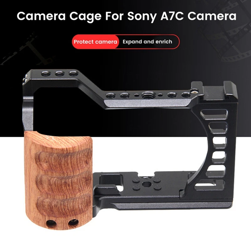

Camera Cage For Sony A7C Camera With Wooden Handle Protection Frame Housing Cage Handle With Cold Shoe