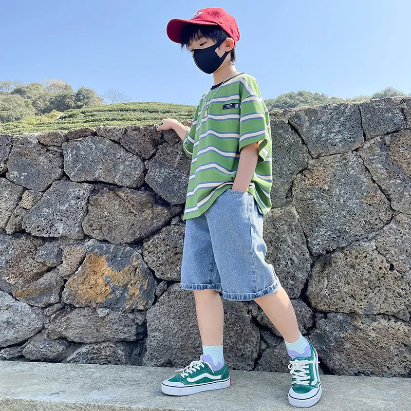 Teen Boys Suit 2022 New Summer Striped Print Short-Sleeved T-shirt+Denim Shorts 2pcs 5-14Y Children's Clothing Set High Quality