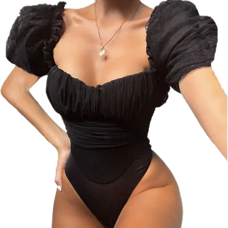 

Женский Облегающий комбинезон с пышными рукавами, черный сетчатый комбинезон с открытой спиной, повседневный комбинезон