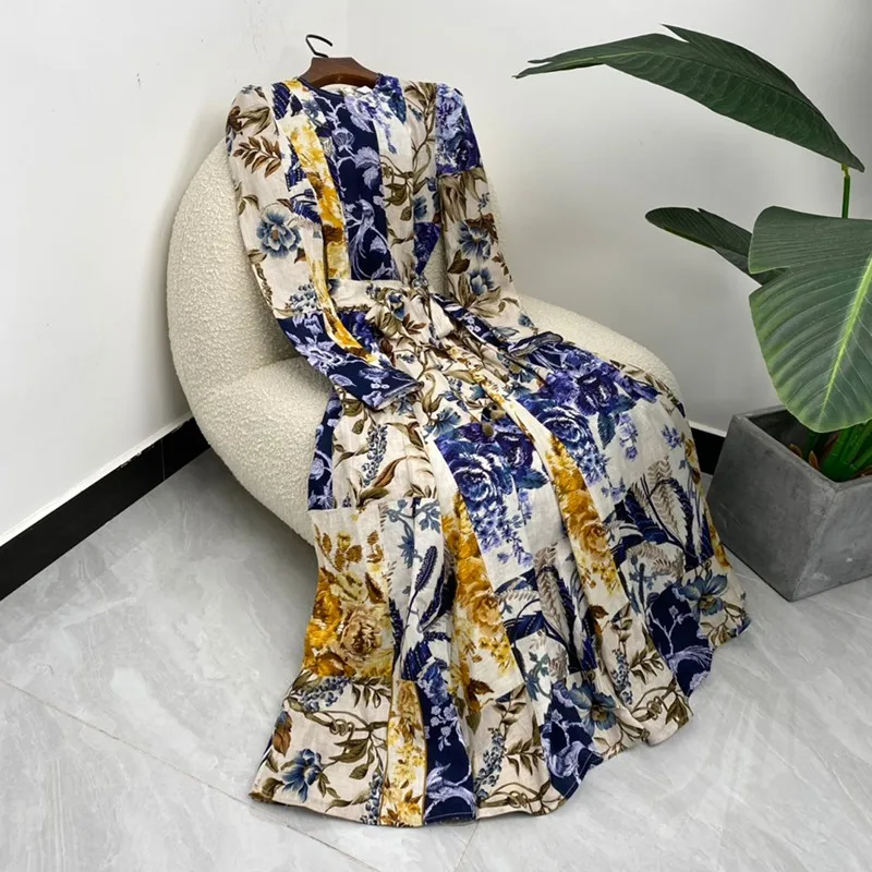 

Женское винтажное платье с поясом, желтое, темно-синее платье до середины икры с длинным рукавом и принтом листьев, весна 2022