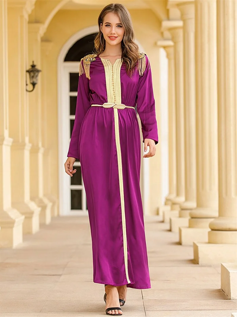 Rhinestone Moroccan Kaftan Long Dress Women Satin Vintage Fringe Epaulette Elegant Muslim Abaya Party Gown Dubai Islamic Caftan