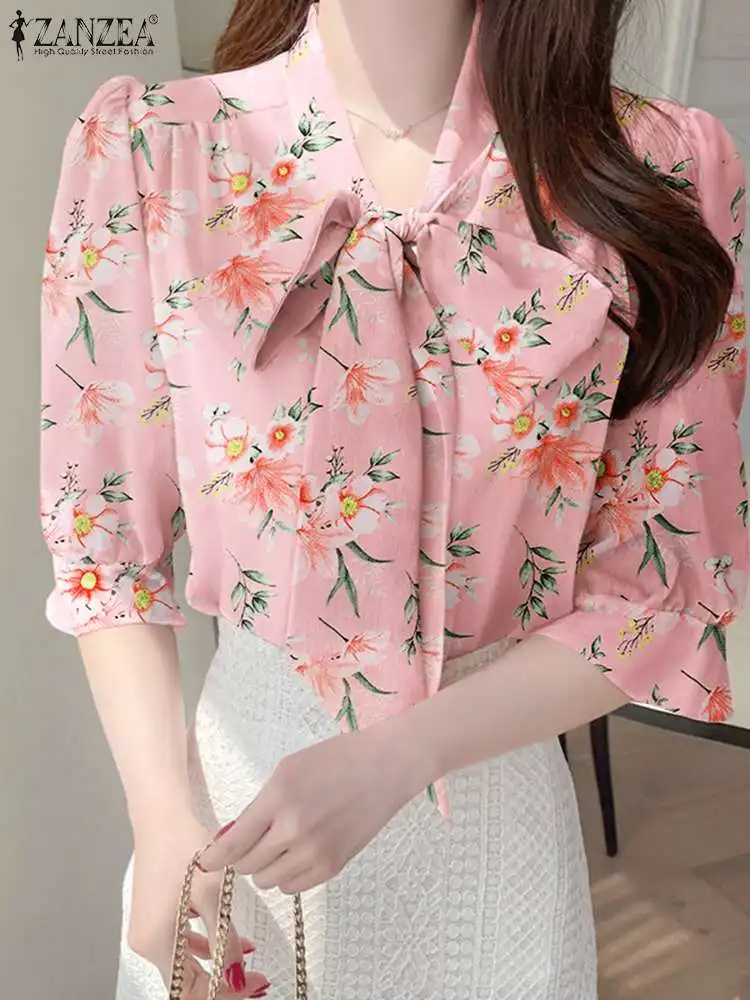

ZANZEA Floral Print Half Sleeve Blouses Elegant Office Lady Women Tie Neck Shirts Pleated Shoulder Temperament Fashion Blusas