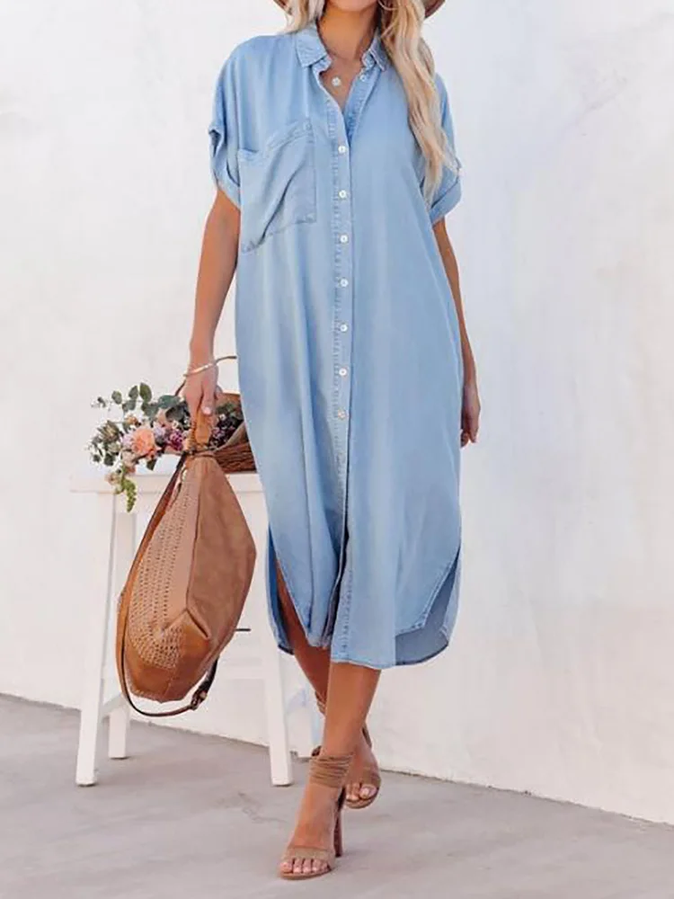 Простое Элегантное Платье макси с отложным воротником женское летнее