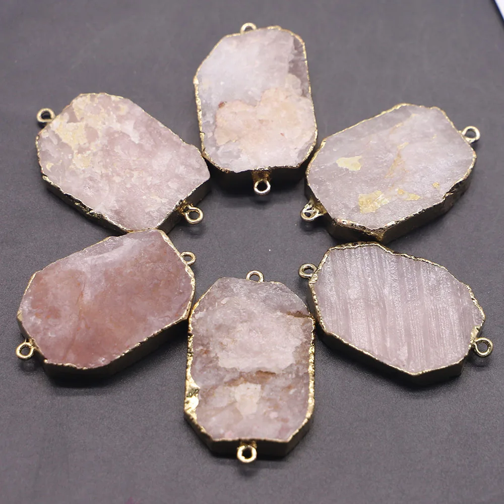 Natural Stone Oval Rose Quartz Pendant Connector Section Mineral Healing Gold Plated Edge Necklace Charms Jewelry Wholesale 6Pcs
