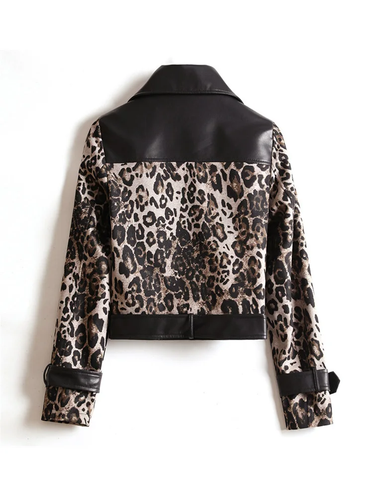 New Women Leather Jacket Spring Autumn 2022 Classic Leopard Zipper Biker Coat Loose Short Sheepskin Jacket Female Outerwear