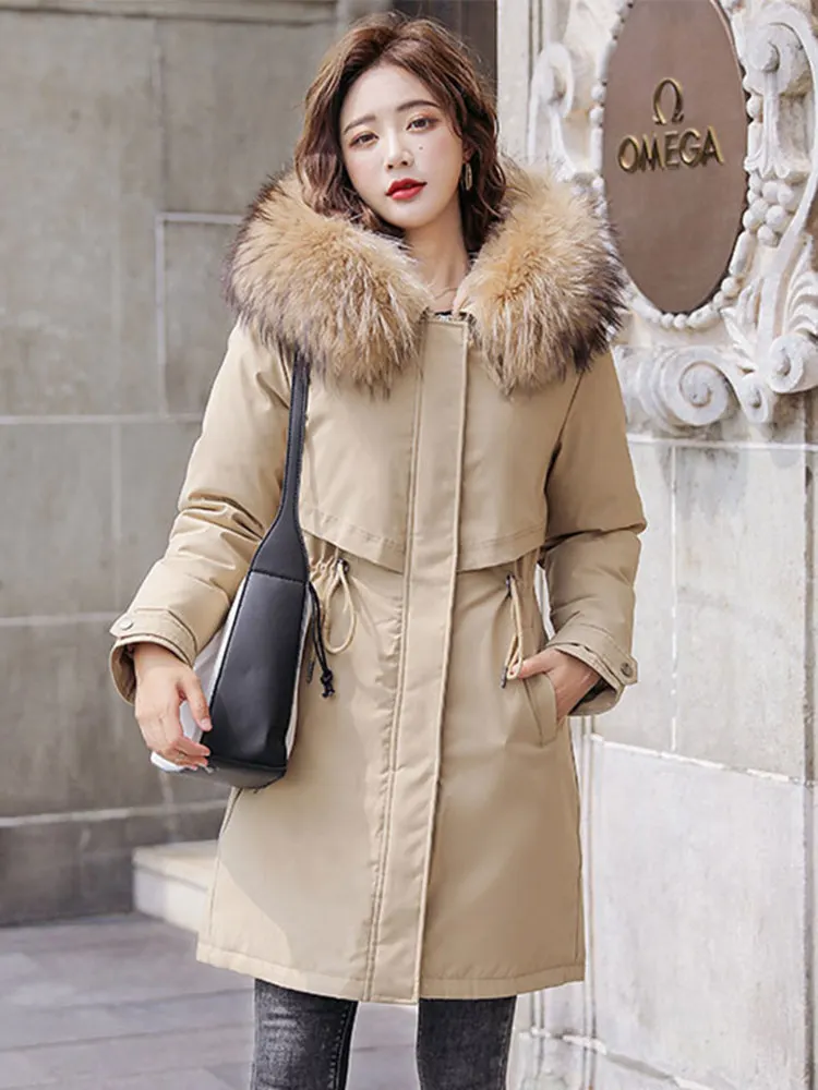 

2022 New Cotton Liner Parker Parka Fashion Adjustable Waist Fur Collar Winter Jacket Women Medium Long Hooded Parka Coat