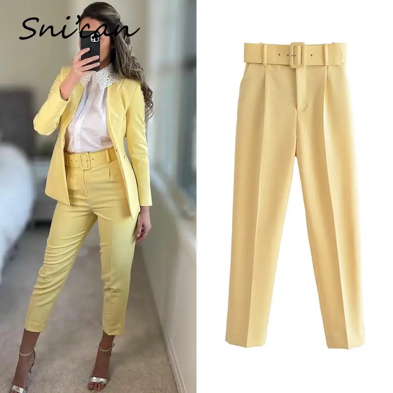 

Брюки женские прямые однотонные с поясом, модные офисные длинные штаны, верхняя одежда, весна 2022