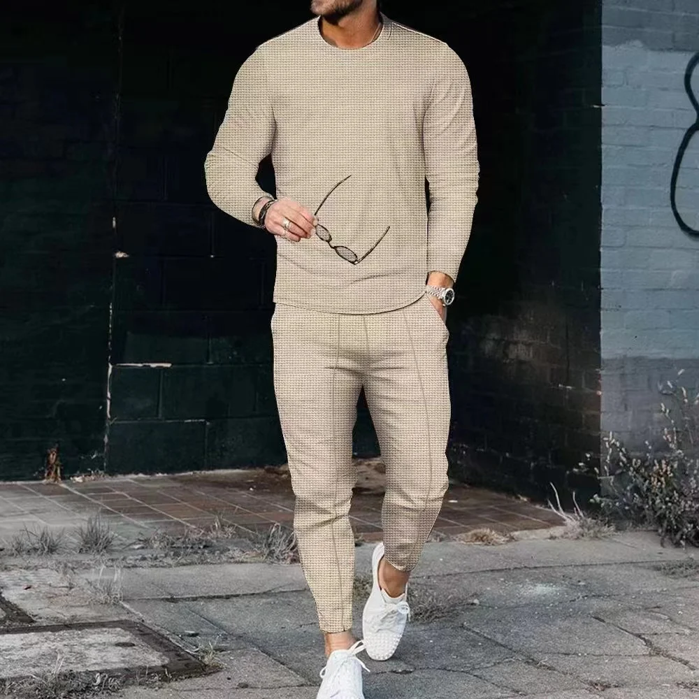 2023 Spring and Autumn Waffle long sleeve + sweatpants men's crewneck sweatshirt men's street vintage 2-piece set