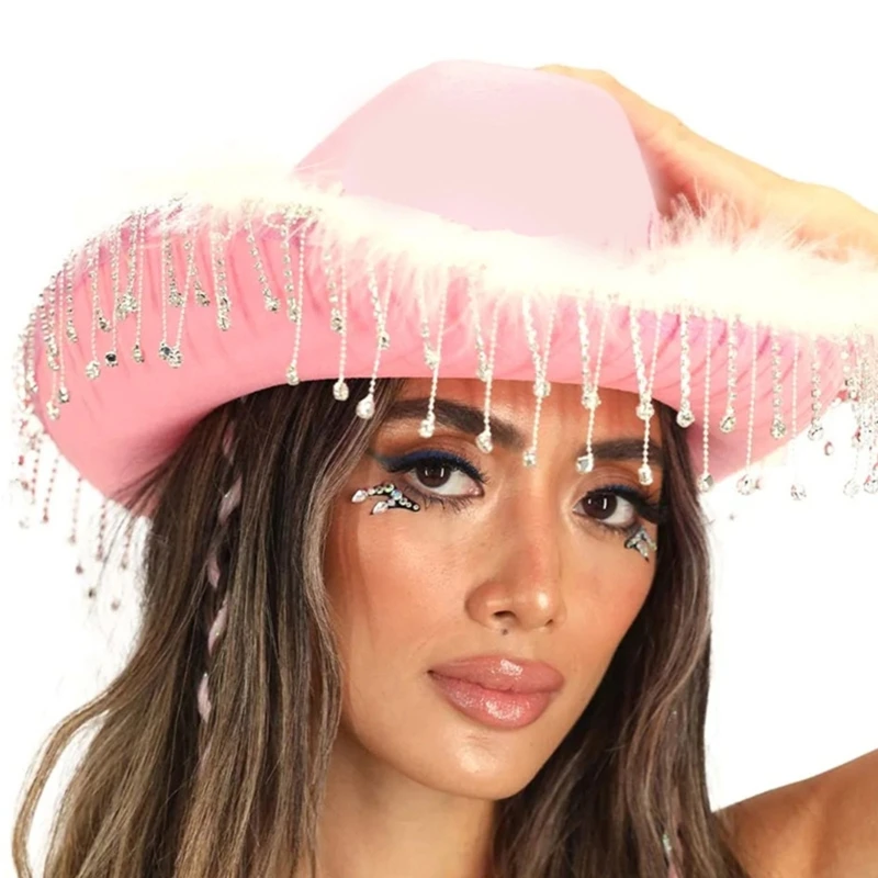 

Pink Elegant Cowgirl Hat for Bridal Shower Pink White Cowgirl Cowboy Hat Wide Brim Glistening Rhinestone Tassels