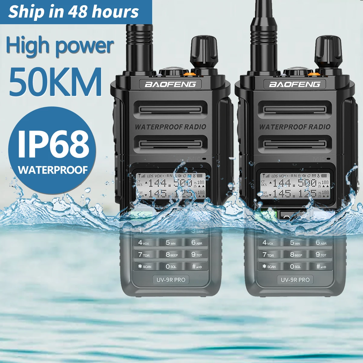 

2PCS Original Baofeng UV-9R PROWalkie Talkie 10W IP68 Waterproof Dual Band 136-174/400-520MHz 50KM Portable Ham Two Way Radio