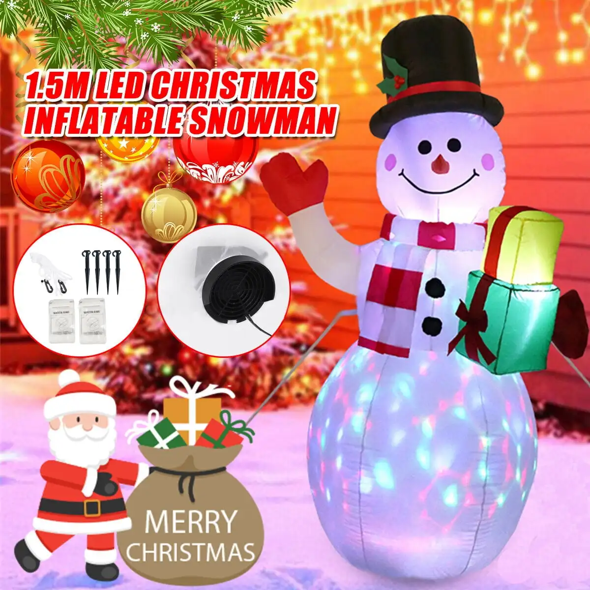 

Snowman Christmas Inflatables with Present Gift Box Rotating Color LED Light Up Xmas for Blow Up Yard Decoration,