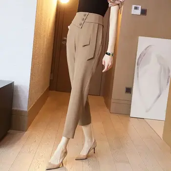 Women's Clothing Button Spliced Casual Commuter Straight Pants Autumn Office Lady Solid Color High Waist All-match Cropped Pants 2