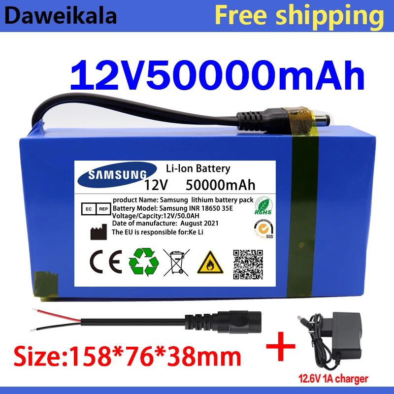 

2023 New 12v 18650 50000mAh Lithium-ion Battery pack DC 12.6V 50Ah battery With EU Plug+12.6V1A charger+DC bus head wire