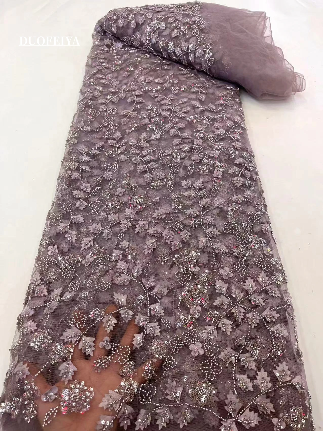 

Luxurious Purple Guipure Cord lace Fabric Nigeria 2023 Embroidery Net With Beads African Wedding Fabric