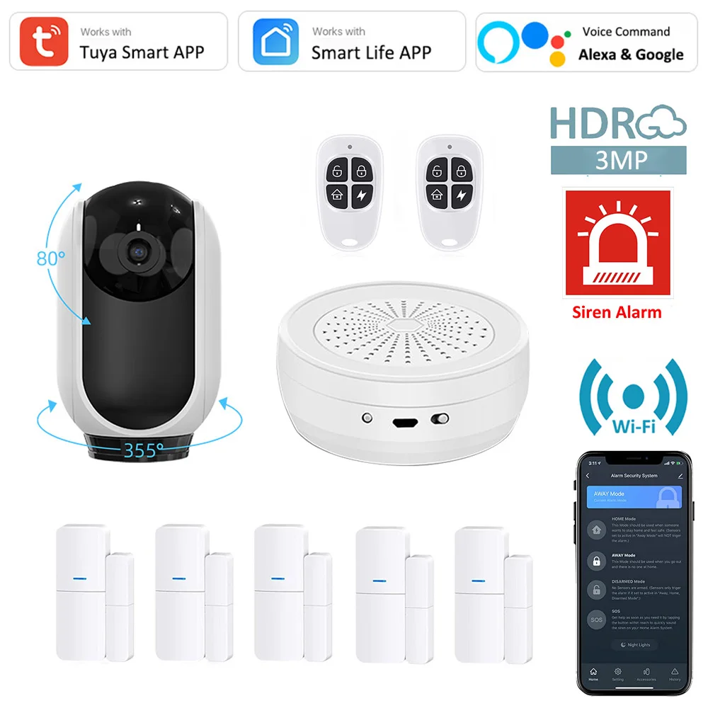 Enlarge Tuya Wireless WiFi Smart Security Alarm Automation System Phone APP Alert Door Sensor Key Fob CCTV Camera for House DPK7 DIY