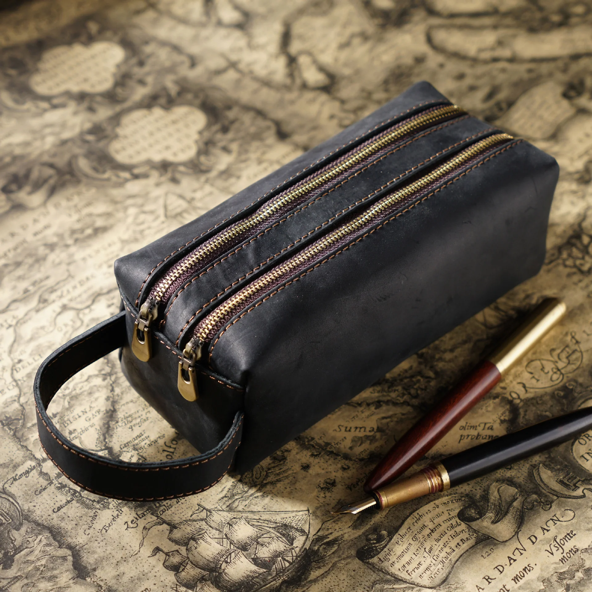 Genuine Leather Zip Pen Pencil Bag Vintage Double Layer Design Zipper Pen Case Cowhide School Bag Large Capacity Storage Pouch