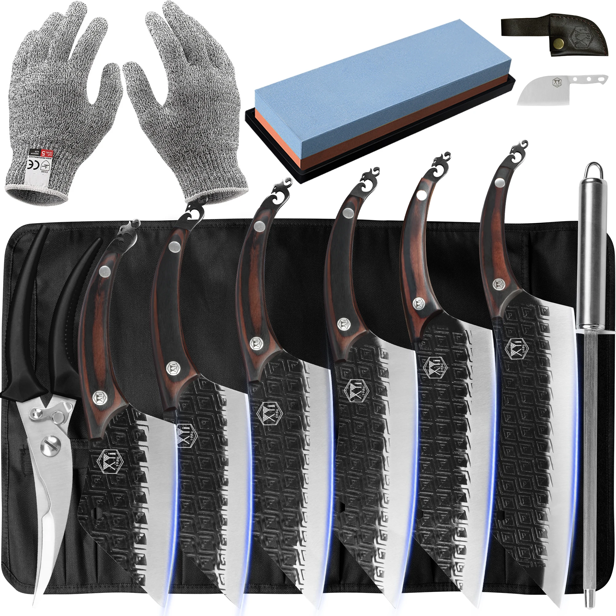 

Xyj 6 Pieces Chef Knife Set Stainless Steel Kitchen Knives with Bag Whetstone Scissors Anti-Cut Gloves Honing Steel Mini Blade