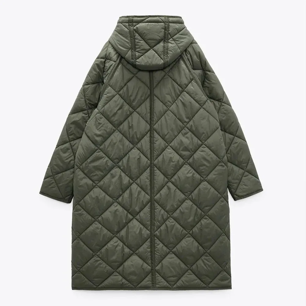 Autumn and Winter New Solid Color Medium Long Hooded Cotton Coat Women