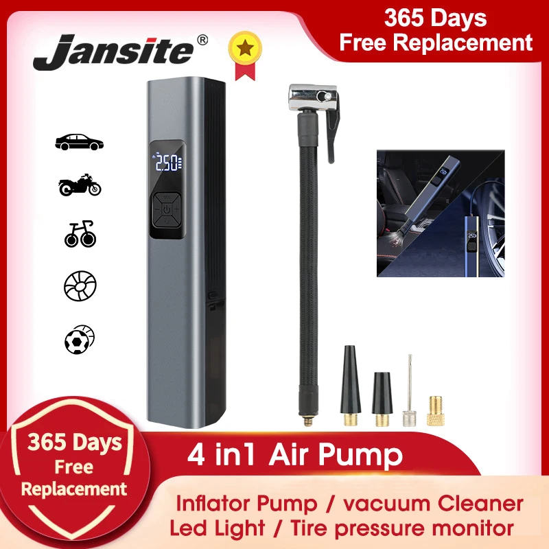 

Jansite 4 in 1 Electric Inflator Pump Portable and Vacuum Cleaner Car Air Compressor Wireless LED 4400mAh Tire Pressure Monitor