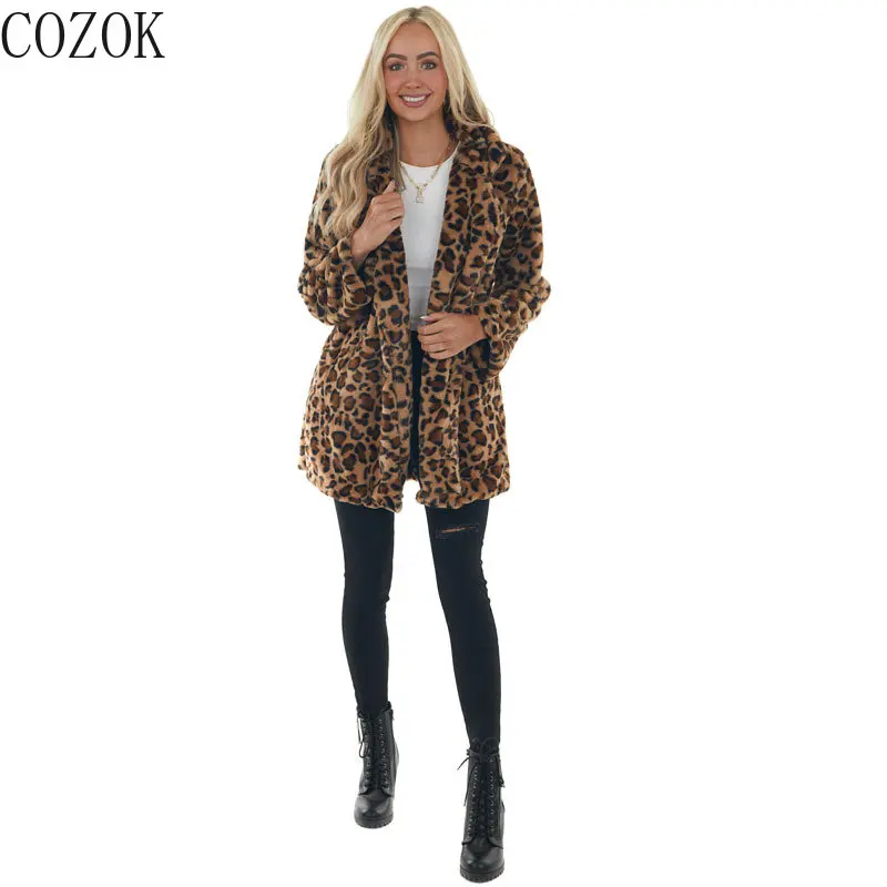 Leopard Print Mid-Length Women's Clothing Fashion Temperament Coat Loose Velvet with Pockets