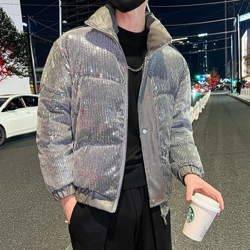 Luxury Sequins Men's Parkas Winter Thick Keep Warm Casual Short Jackets Waterproof Streetwear Puffer Overcoat Men Clothing M-2XL
