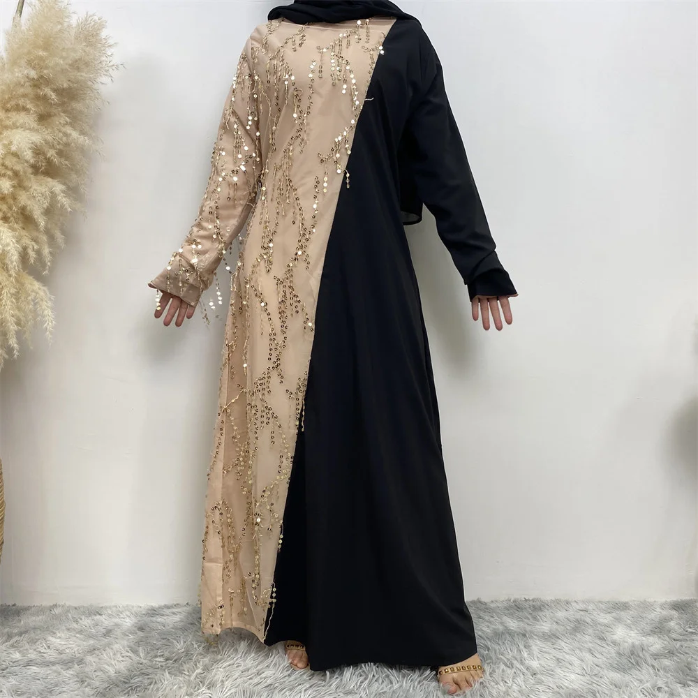 

Муслиновая абайя, золотистое, черное, лоскутное, с бахромой и блестками, большое платье, длинная юбка, мусульманский Рамадан, халат Дубай, новинка 2023, длинное платье