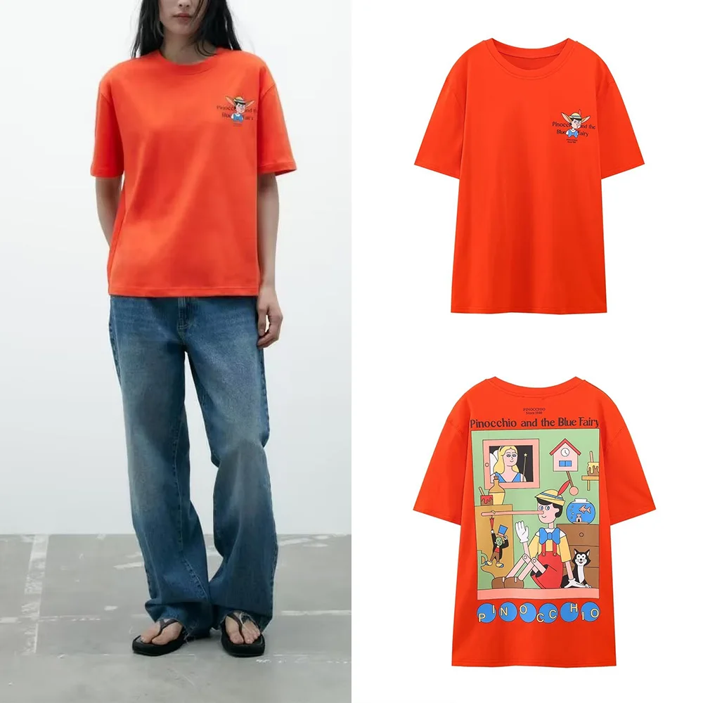 

PB&ZA Summer New Women's Fashion Solid Color Casual Round Neck Loose Hundred Cartoon Print T-shirt 1165107632