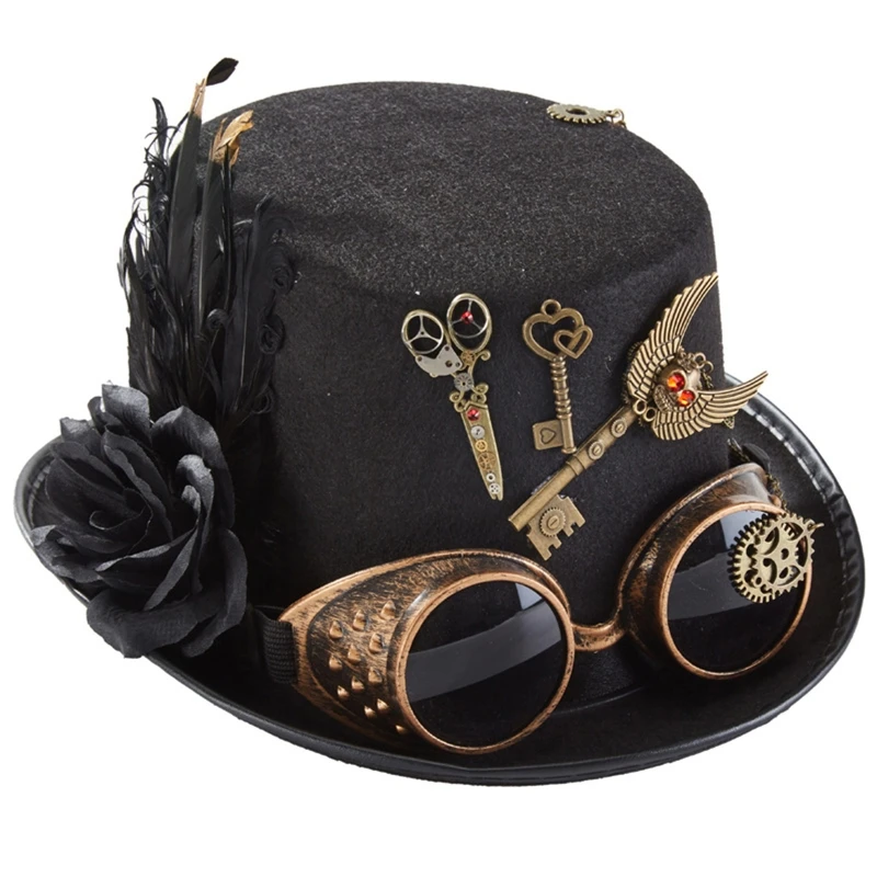 

New style Steampunk Performance Hat Top Hat with Goggles Feather Flower for Dance Party
