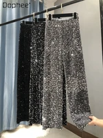soft sequined shiny wide leg pants draping mopping pants womens 2022 autumn winter korean fashion black straight casual pants