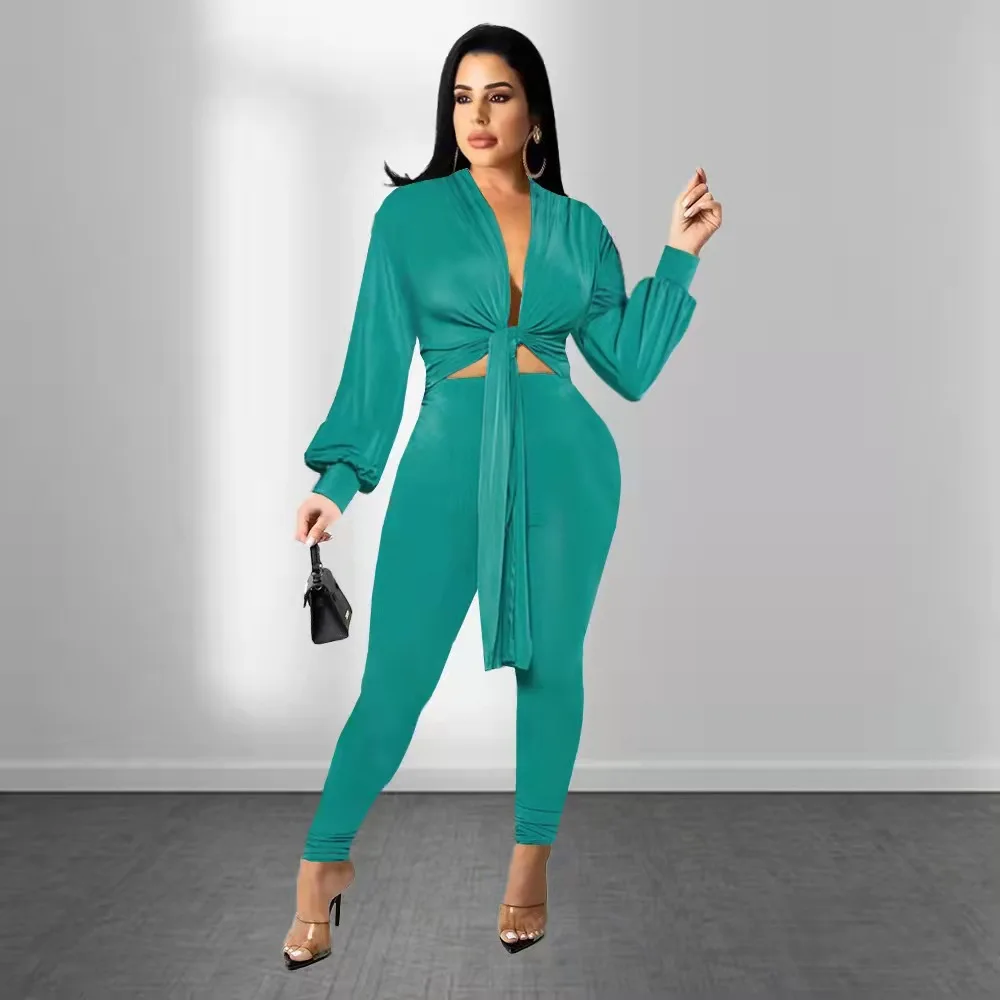 

Autumn Fashion Two Piece Set Women Fashion Sexy V-neck Lace-up Shirt Slim Pencil Pants Two Piece Suit Women