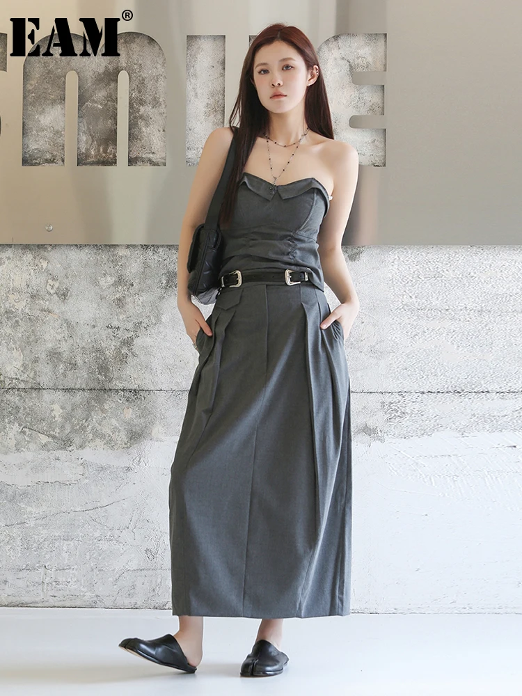 

[EAM] Pleated Midi Half-body Skirt Gray Bra Elegant Two Pieces Suit New Loose Women Fashion Tide Spring Autumn 2023 1DF8875