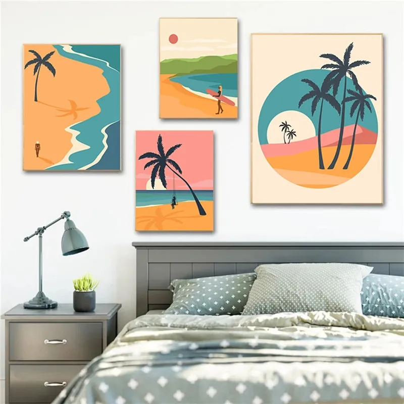 

Summer Beach Surfing Wall Art Cartoon Man and Woman Posters and Prints Tropical Landscape Canvas Painting Living Room Decoration