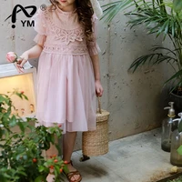 new girl dresses pink beige embroidery flowers mesh half sleeve cute dress girls tulle princess dress for kids children lace clo