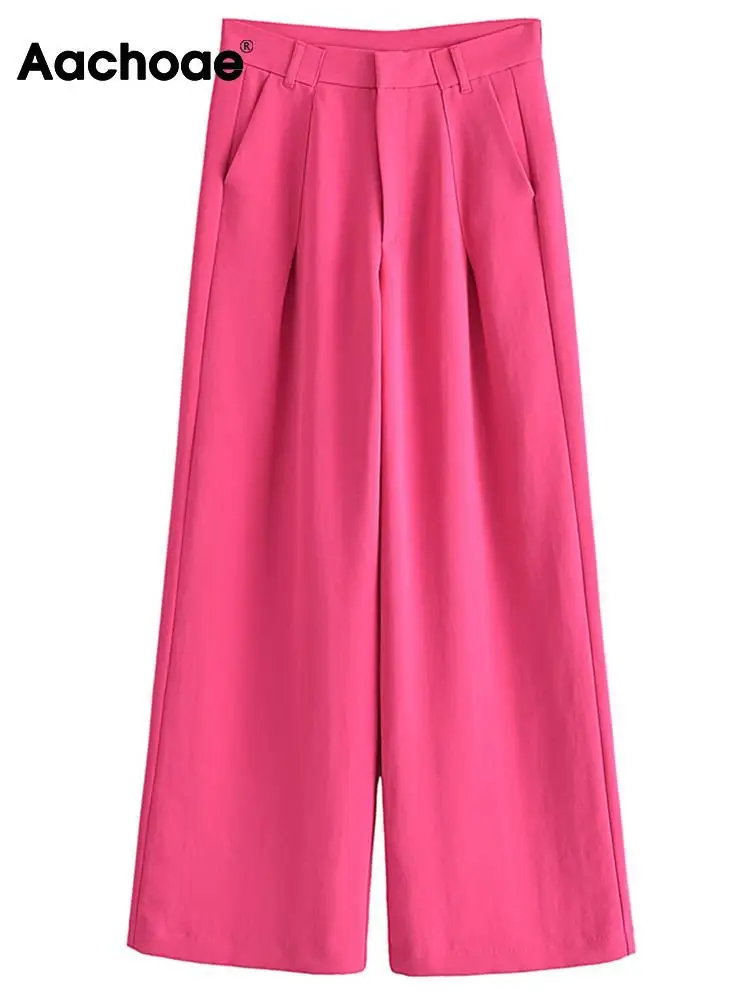 

Aachoae Ladies Fashion Solid Color Wide Leg Pants Women High Waist Zipper Fly Long Trousers With Pockets Mujer Pantalons
