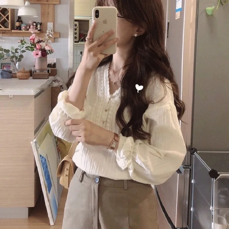 Женская кружевная жаккардовая рубашка однотонная блузка составного кроя с