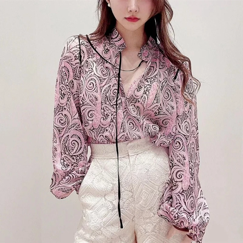 

Bubble Sleeve Laced Round Neck Casual Shirt 2022 Summer New Women's Commuter Print Blouse Women French High Quality
