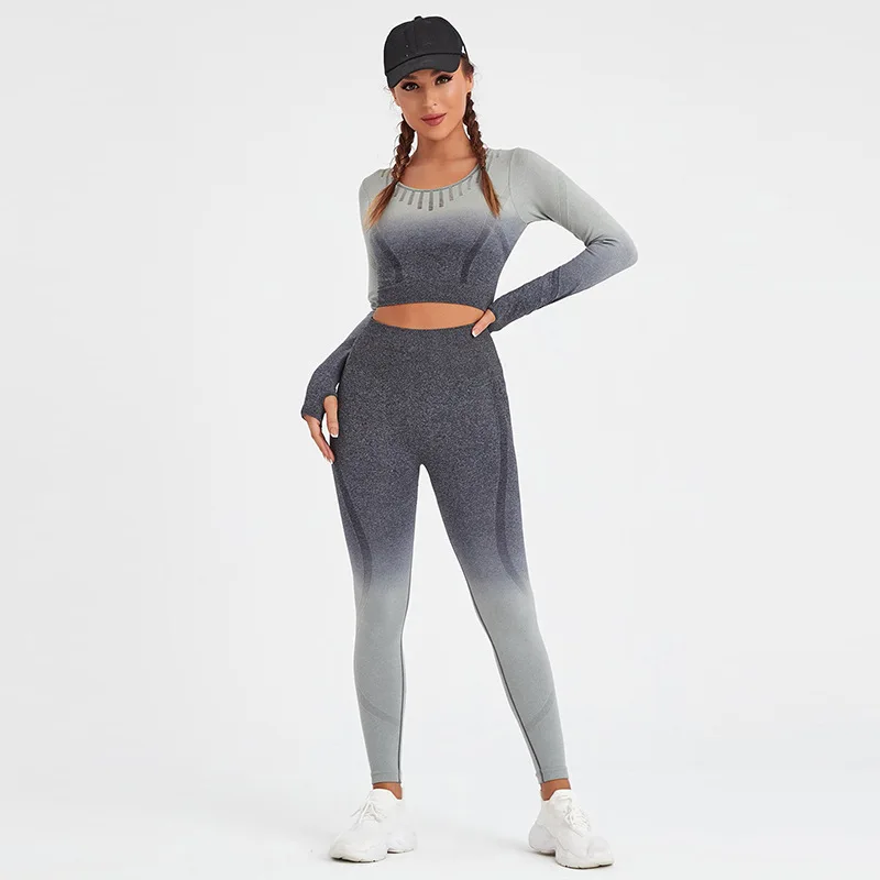 

Bauhinia Gradiant Yoga Set Women High Waist Seamless Leggings Long Sleeve Crop Top Women Yoga Suit Gym Running Fitness Clothing