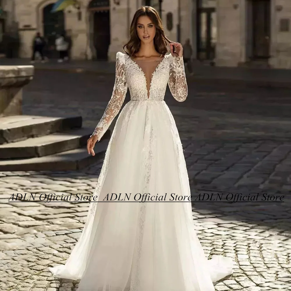 

High Quality Lace Wedding Dress Custom Made Long Sleeves V Neck Beading Sequin Illusion Sweep Train Backless A Line Bridal Gown