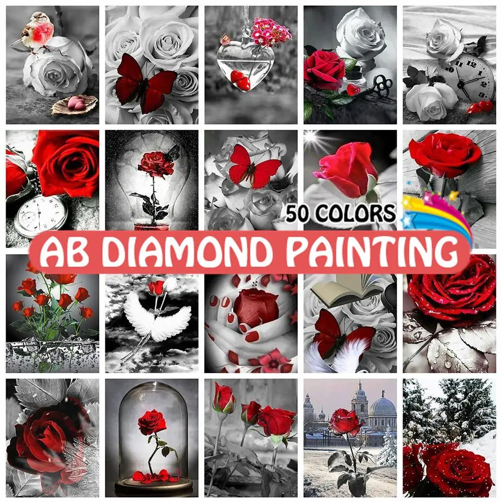 

Алмазная живопись AB, 50 цветов, 5D Роза, вышивка, черно-белая мозаика, распродажа, картина Стразы, домашний декор, подарок