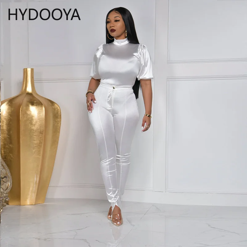 

Office Lady Satin 2 Piece Sets Womens Outfits Turtleneck Puff Short Sleeve Tops and Split Hem Flare Trouser Party Clubwear Suits