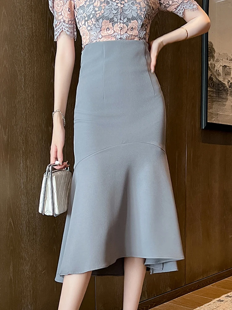 

Fashion Summer Formal Occasion Slim A-Line Skirt Elegant Women Chic High Waist Wrap Hip Midi Mermaid Skirt Street Clothes Outfit