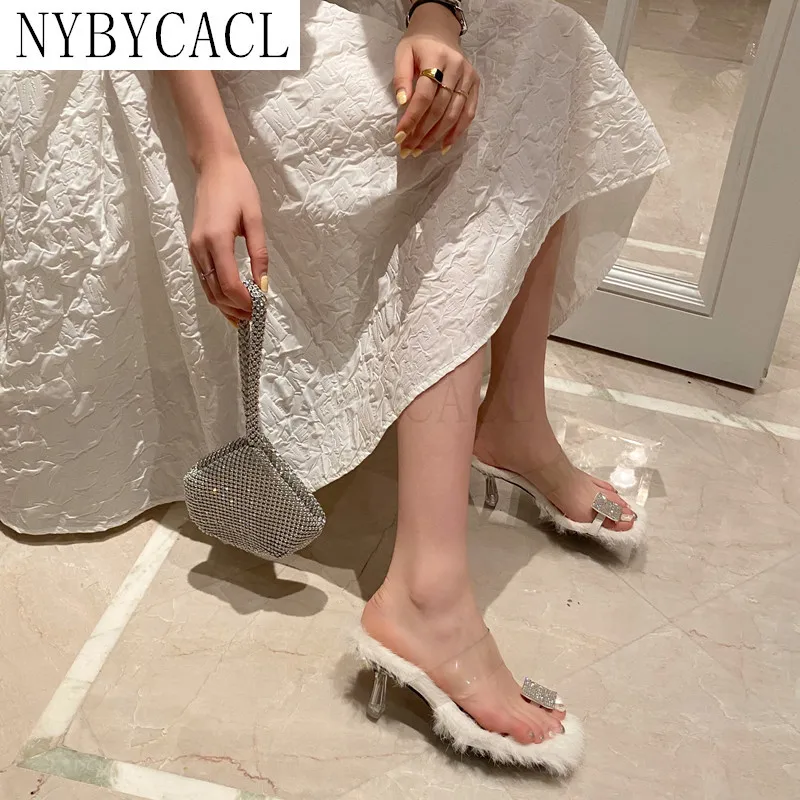 2022 Summer Design Women Slippers Ladies Sexy Flip Flop Furry Fur High-Heeled Slides Party Rhinestone Woman Pumps Shoes