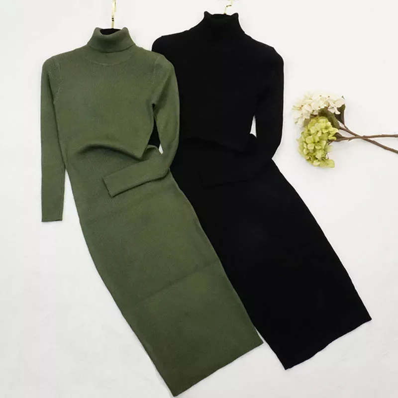 

New Autumn Winter Women Knitted Dress Turtleneck Sweater Dresses Lady Slim Bodycon Long Sleeve Bottoming Dress Vestidos PP003