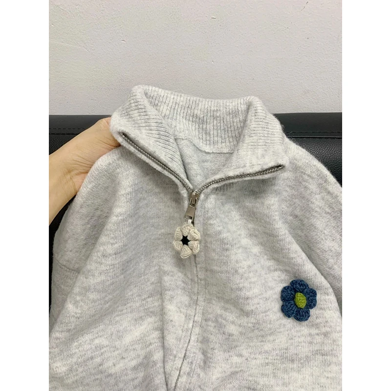 Корейский модный серый свитер с высоким воротником на молнии пальто Осень-зима