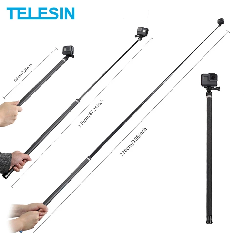 

TELESIN 2.7m 3m 106" Long Carbon Fiber Handheld Selfie Stick Extendable Pole Monopod for GoPro Hero 11 10 9 8 DJI OSMO Insta360