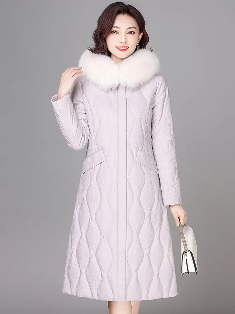 New Women Sheep Leather Down Coat Winter Casual Warm Real Fox Fur Collar Long Leather Down Coats Loose Thick Hooded Outerwear