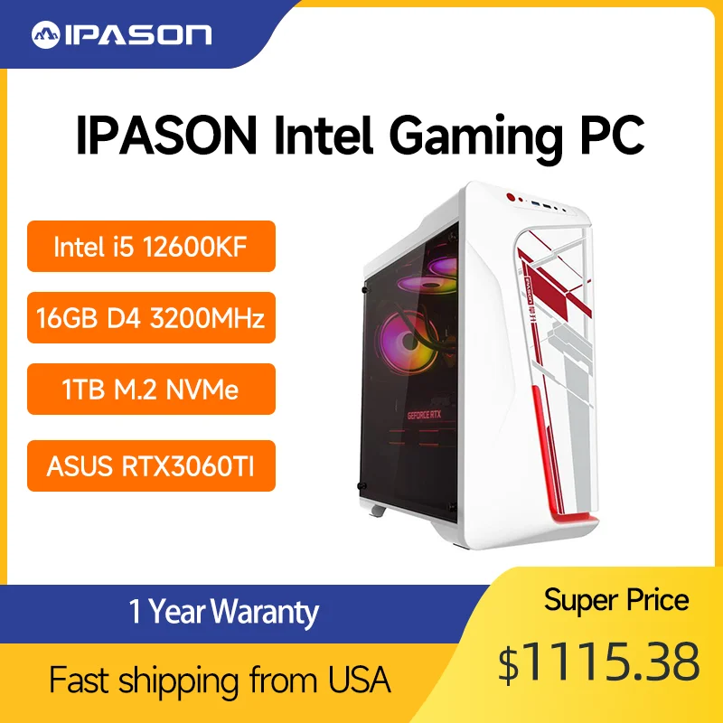

IPASON Gaming Desktop PC intel 12th i5 12600KF 10 Core up to 4.9GHz - ASUS GeForce RTX 3060Ti-1TB SSD NVMe-16GRAM WIFI6 WIN11
