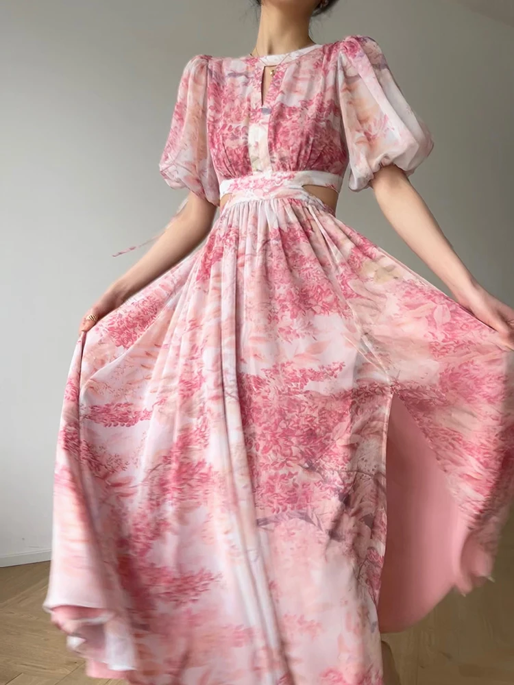 

Elegant Vintage Midi Dress Women Casual Even Party Dress French Short Sleeve Slim Design French Floral Dress Korean 2022 Summer